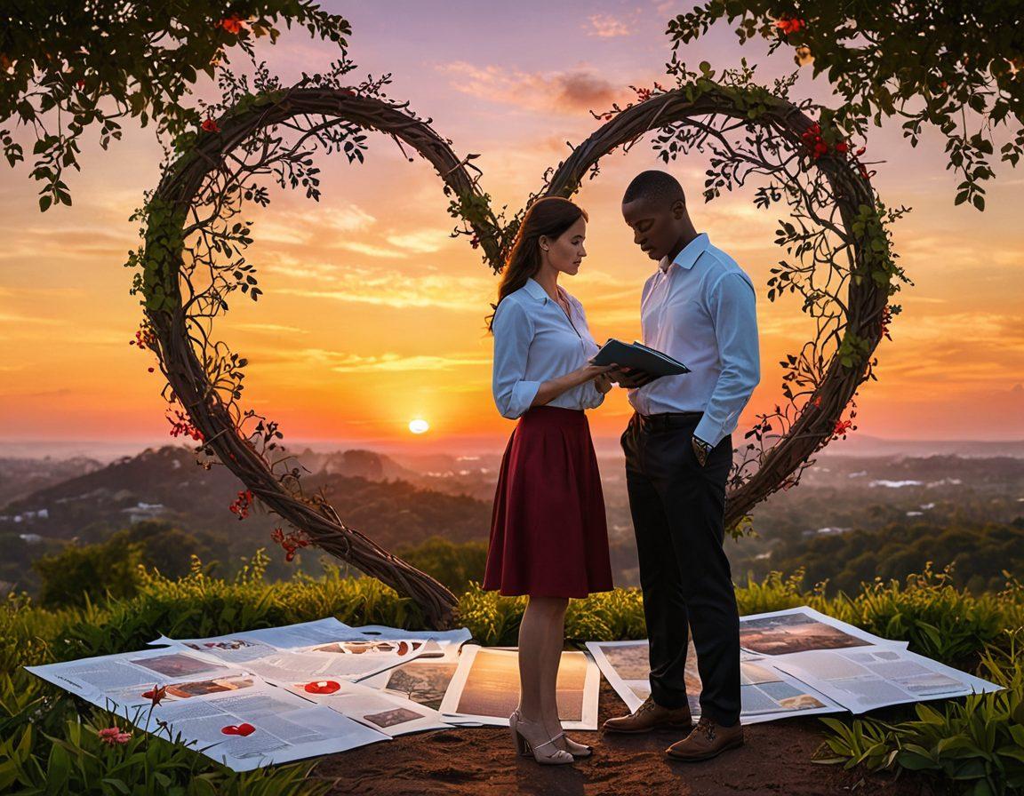 A diverse couple standing at a crossroads, contemplating the paths of love and relationship risks, surrounded by symbolic representations of heart-shaped policy documents, magnifying glasses, and compass tools. The backdrop features a sunset, symbolizing warmth and hope, with intertwining heart vines symbolizing connection. The scene captures the essence of decision-making and the journey of love. vibrant colors. romantic realism.