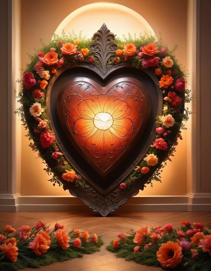 A warm, inviting scene depicting a heart-shaped shield surrounded by vibrant flowers and soft, glowing light. In the background, silhouettes of a couple holding hands, symbolizing lasting love and security. Incorporate elements like a cozy home and a protective aura around the heart. surrealistic. warm colors. soft focus.