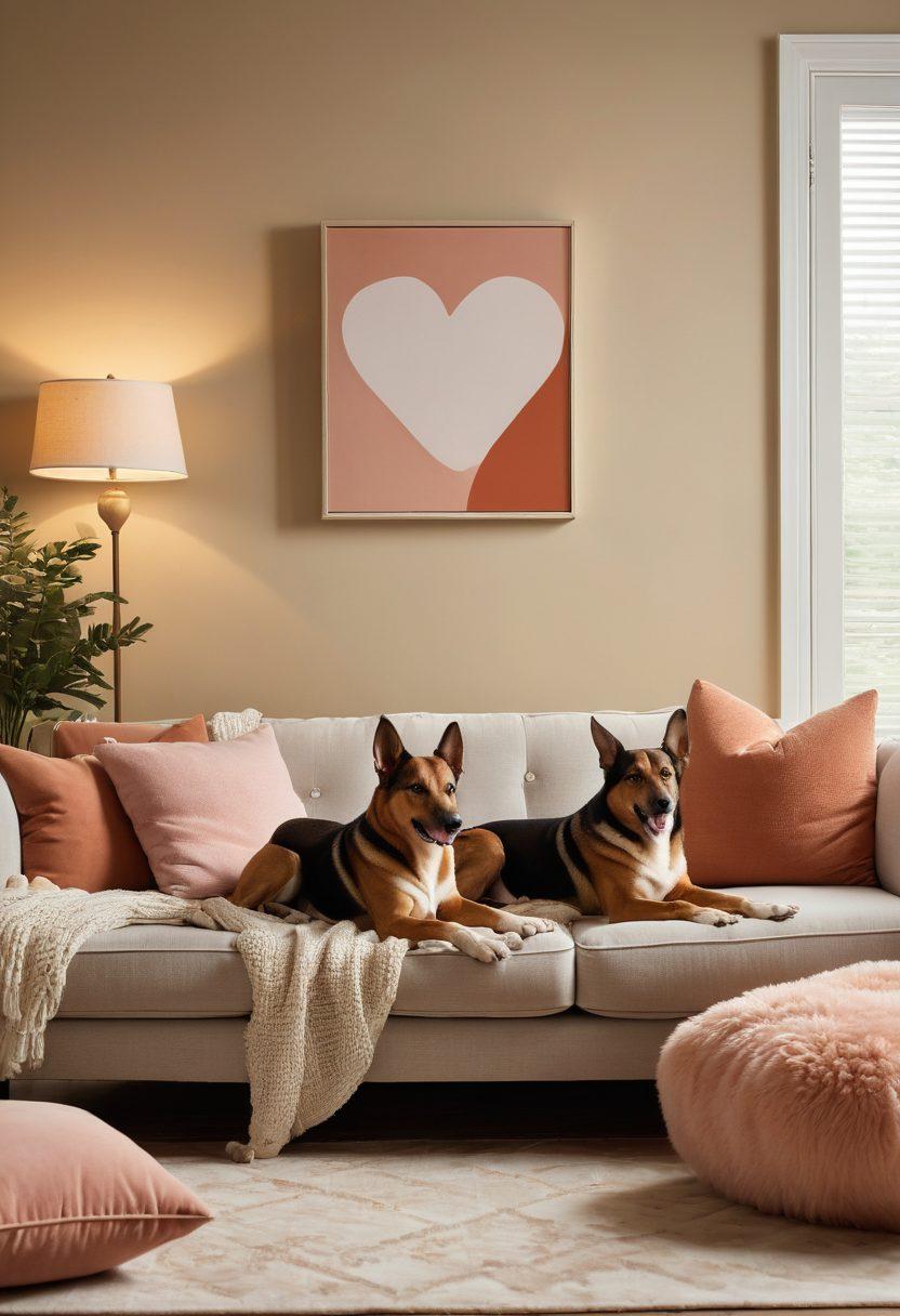 A romantic setting featuring a couple sitting in a cozy living room surrounded by symbols of love and security, such as heart-shaped pillows, a pet dog, and a shield representing protection. Soft lighting creates a warm atmosphere, inviting the viewer to feel the connection. Overlay some visuals of insurance documents subtly in the background to emphasize the theme of protection in relationships. modern art. warm colors. soft focus.